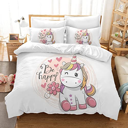 Licorne Parure de lit Enfant 1 Personne Housse De Couette 135X200cm Licorne Rose Fleur Animal Housse De Couette avec 2 taies d'oreiller 50x75cm Cover