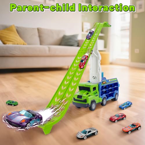 Kids Toys for 3 4 5 6 7 8 Years Old Boys, Carrier Truck Transport Car Toys, Foldable 2 Layer Car Race Track Playset with 25-in Race Track, 6 Metal Toy Cars, Birthday Toy Gift for Toddler Boys Girls - Thumbnail 7