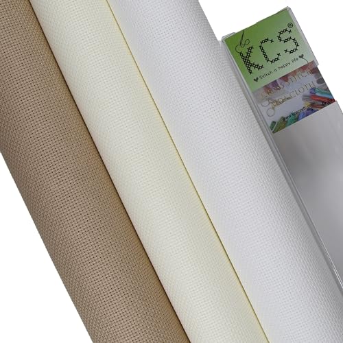 Image of KCS 3 pc of 15 inch x 18 inch Counted Cross Stitch Cotton Aida Cloth Needlework Fabric (White+Antique White+Khaki, 16CT)