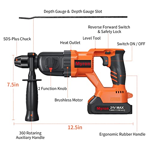 Cordless Rotary Hammer Drill, 21V Brushless 1 Inch Sds Plus Hammer Drill Kit With 2 Batteries, Charger, 1/2" Drill Chuck, 3 Drill Bits, Grease And Case–Suitable For Concrete, Wood, Stone, And Metal #TOP2