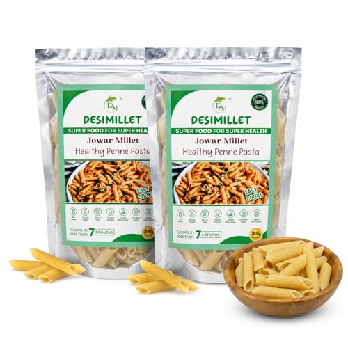 Image of DESIMILLET Jowar Millet Pasta | No Maida, Easy to Digest | Rich in Anti-Oxidant, High Fibre, Iron-Rich Vegan Breakfast | Control Blood Sugar, Diabetic Friendly for Adults - 300 GM (Pack of 2)