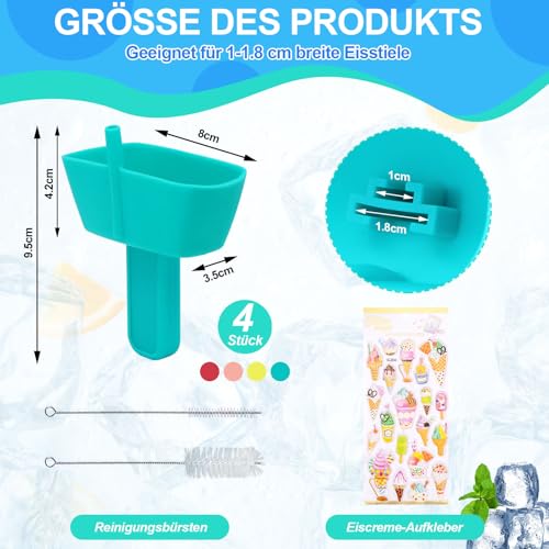 ZYNERY 4 Stück Silikon Eishalterung Kinder Wiederverwendbar Eis Tropfschutz mit Reinigungsbürsten und Aufkleber, Mehrfarbig Tropffreie Eis am Stiel Halterung Kinder