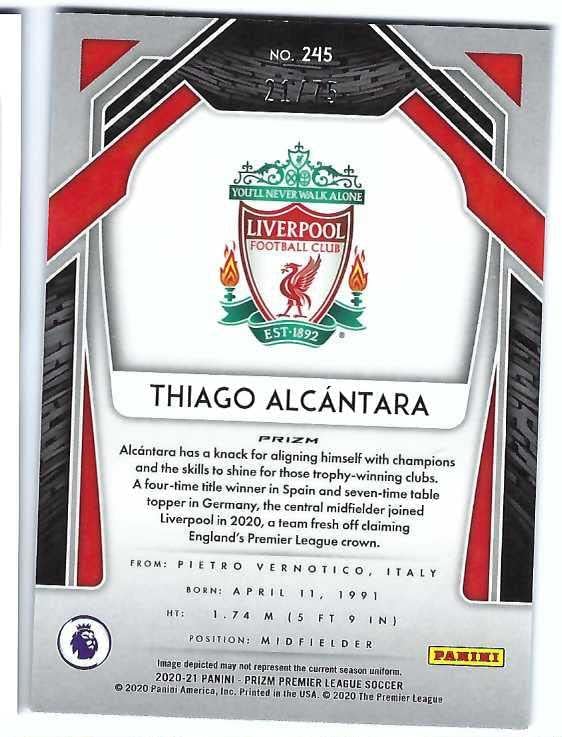 THIAGO ALCANTARA 2020-21 Panini Prizm English Premier League Soccer #245 BLUE ICE PRIZM PARALLEL Card #21 of only 75 Made! Liverpool FC Spain