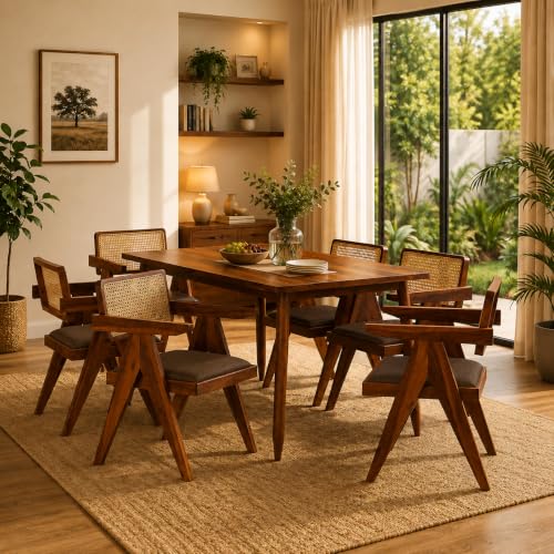 Image of Wooden Dining Table Set with 6 Chairs, Natural Oak, Sheesham Wood, Modern Style, Cane Back Chairs with Cushions, (Table (150 cm x 90 cm)