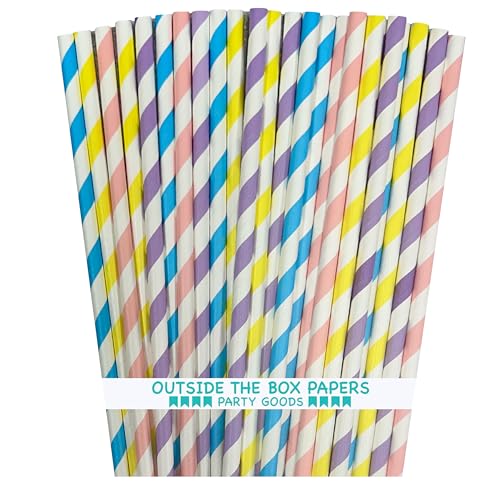 Pastel Stripe Easter Paper Straws - Light Blue Blush Pink Yellow Lilac Lavender - 7.75 Inches - 100 Pack