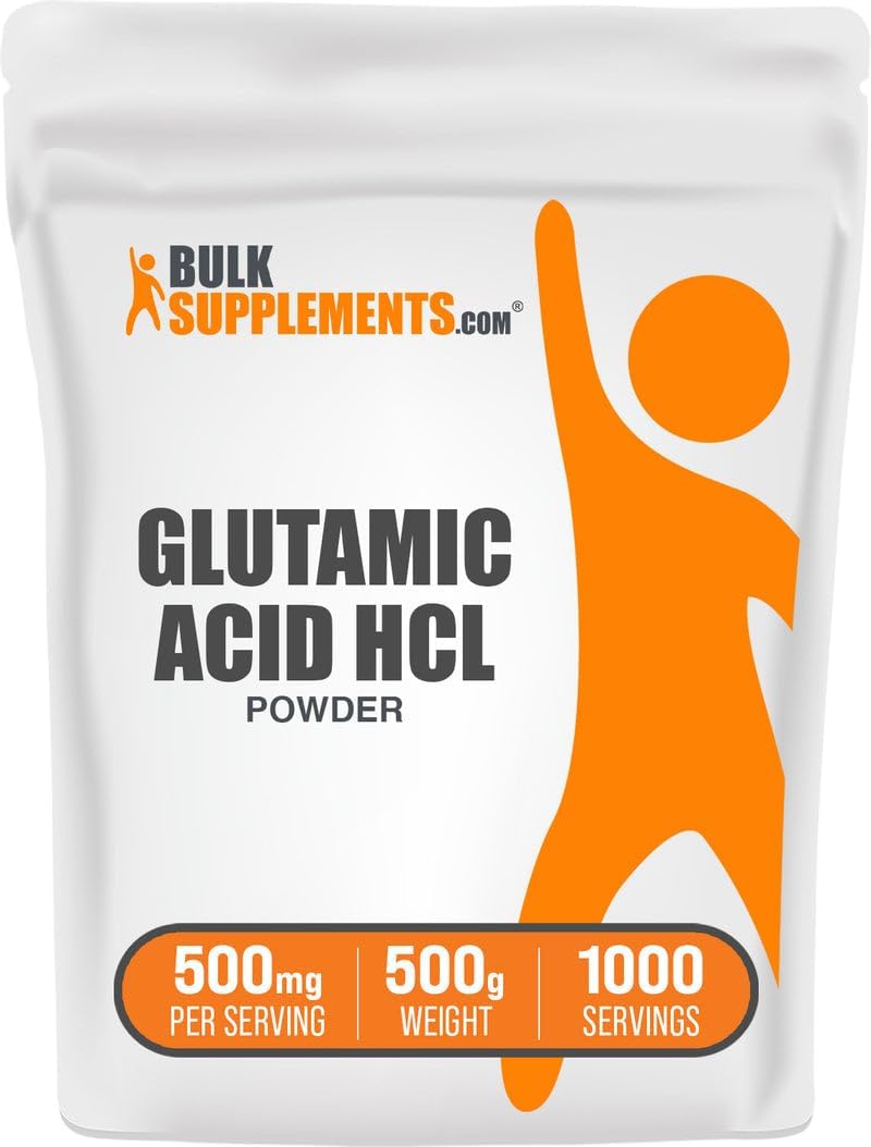 BulkSupplements.com L-Glutamic Acid HCl Powder - Amino Acid Supplement, Glutamate Supplement - for Gut Health, Glulten Free, 500mg per Serving, 500g (1.1 lbs) (Pack of 1)