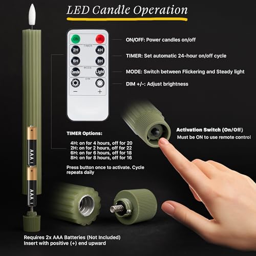 Image of 10 inch Fluted Ribbed LED Sage Olive Loden Green Grooved Real Wax Taper Candles, Remote & 24h Timer Memory, On /Off Switch - Flameless Dimmable Battery Operated w /Flicker, Wedding Decor (6 Pack)