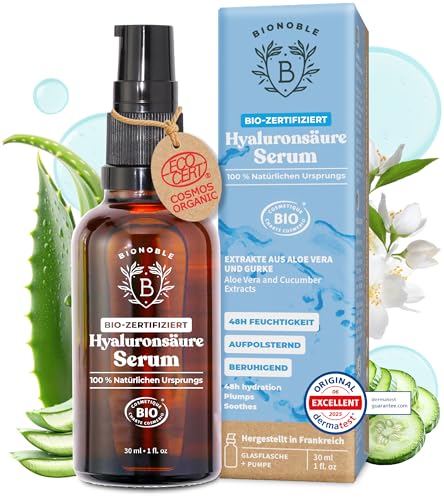 BIONOBLE Hyaluron Serum hochdosiert BIO-zertifiziert - Hyaluronsäure Anti Aging und Anti Falten - 100% natürlichen Ursprungs, Vegan - Glasflasche mit Pumpe - Hyaluronic Acid Serum Gesicht - 30ml