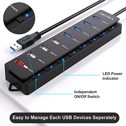 Powered-USB-Hub-VKUSRA-8-Port-USB-Data-Hub-4-USB-30-Ports-3-USB-20-Ports-1-Smart-Charging-Port-with-Individual-OnOff-Switches-Compact-USB-Hub-USB-Splitter-for-Laptop-with-Power-Adapter