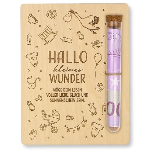 ZUKLA Verpackung für Geldgeschenke Geburt - 13 x 10 cm - mit Reagenzglas - Geschenkgutschein Baby - Geldgeschenk Verpackung Holz
