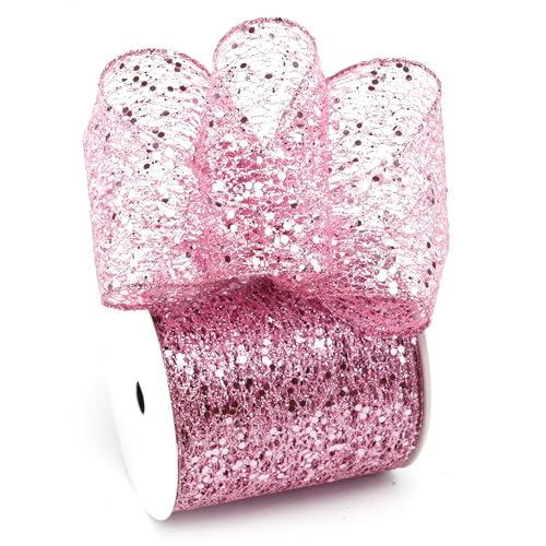 LIZLOVESS Pink Glitter Mesh Wired Ribbon 4 Inch, 10 Yards by LIZLOVESS - Used condition - US$13.67
