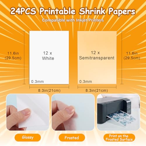 Image of Auihiay 24PCS Printable Shrink Sheets Dink Paper, Shrink Art, Shrink Plastic Sheets for Kids, Shrink Film for Keychains, DIY Crafts Projects and Easter Ornaments, Fathers Day (8.5 x 11 inch)