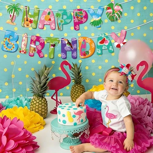Image of Hooqict Happy Birthday Banner Hawaiian Birthday Decorations Colorful Hawaii Party Banner Garland Sign for Summer Tropical Hawaiian Luau Party Decorations