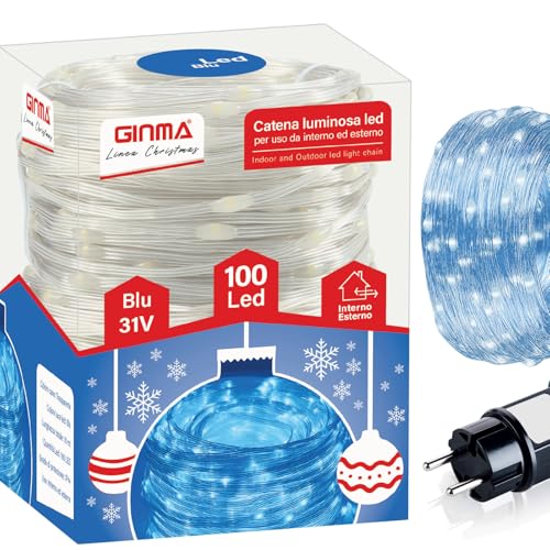 GINMA - Luci Natale LED Interno e Esterno con 8 Effetti Luce, Certificate IP44, Basso Consumo e Impermeabili - Cavo Trasparente (Blu Zaffiro, 7 Metri (100 LED))