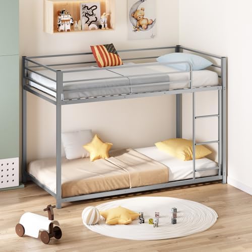 JOYMOR Bunk Bed Twin Over Twin, Metal Twin Size Bed Frame with Safety Guardraild for Boys Girls, Junior, Low Profile Space Saving Design, Mattress Not Included (Silver, Twin Over Twin)