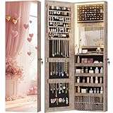 Vlsrka LED Armoire à bijoux avec Miroir, Mural/Porte Armoire à bijoux avec 3 Lumières, Miroir pleine longueur avec bijoux rangement Verrouillable, Armoire bijoux miroir éclairé avec étagères, Bois