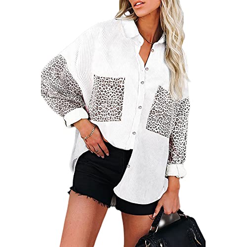 EnnUerporinKS Damen Cordhemd Casual Plus Size Knöpfe Shacket Jacke Leopardenprint Langarmshirt mit Taschen Cover