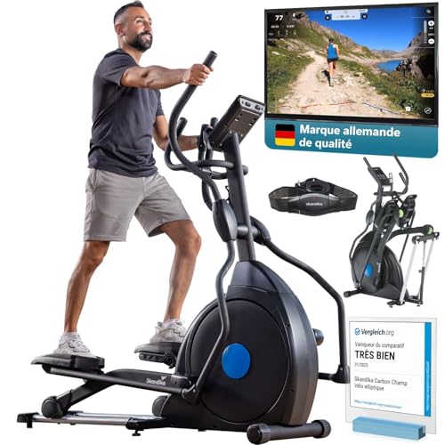 Skandika Vélo elliptique CardioCross Carbon Champ | Masse d'inertie de 24,5kg, frein magnétique, console multifonctions, Bluetooth, support tablette, Kinomap | jusqu'à 150kg (CardioCross Carbon Champ)