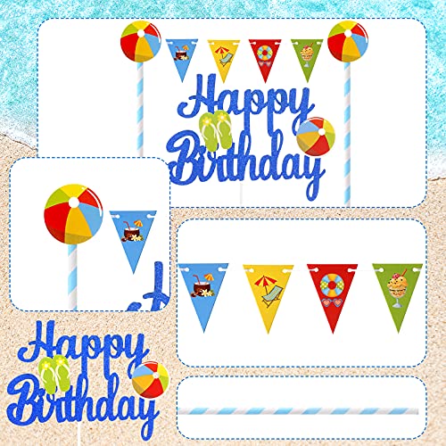 32 Pcs Summer Hawaii Beach Cake Topper Swimming Pool Party Cake Topper Decoration Blue Happy Birthday Cupcake Topper with Beach Ball Banner for Birthday Tropical Luau Baby Shower Party Supplies
