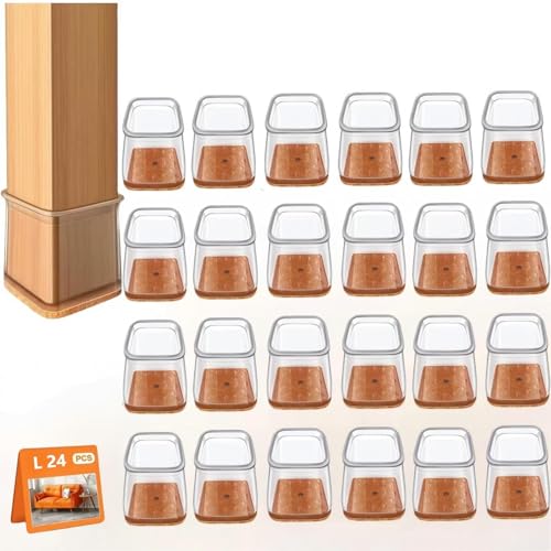 Lot de 24 embouts de pieds de chaise en silicone transparent avec feutre - Capuchons de protection pour pieds de chaise - Petits patins en feutre pour sols en...