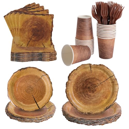 144 Pcs Disposable Rustic Wood Grain Slice Tableware Set for 24 Guests