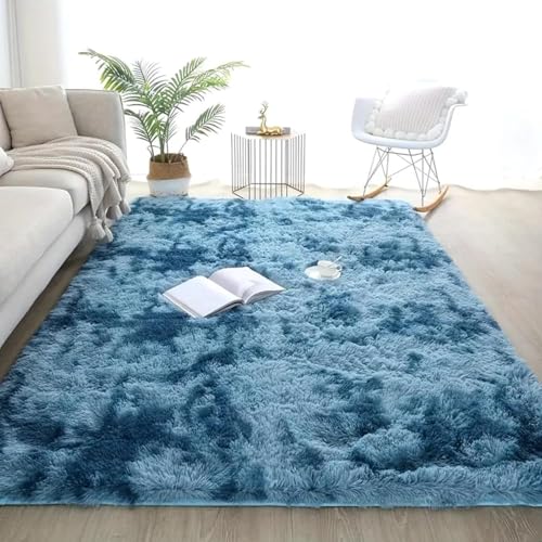 AIMECO Tie-Dye Tapis à poils longs, bleu foncé, 120 x 180 cm, moelleux, antidérapant, style scandinave, idéal pour le salon et la chambre d'enfant