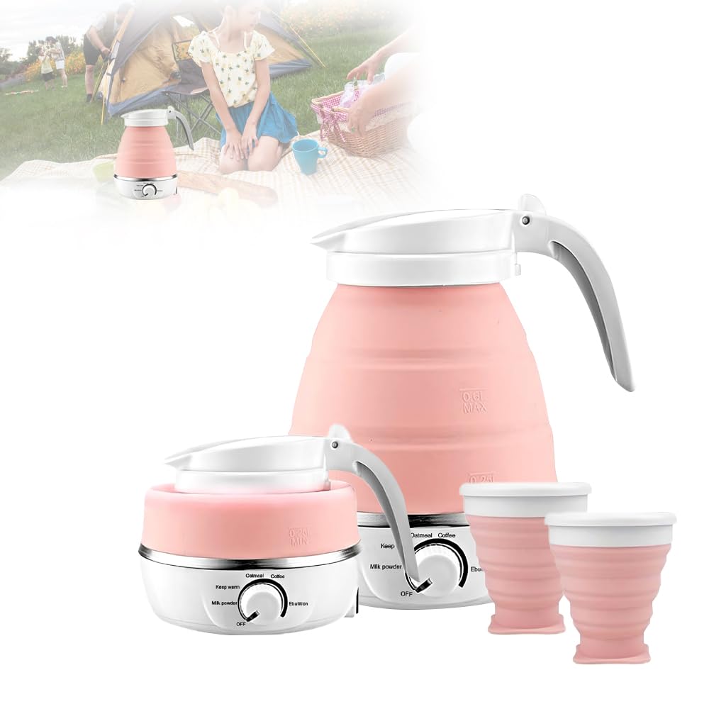 Camping Kettle Electric, CJBIN Collapsible Kettle,Travel Kett-le Lightweight,Food Grade Silicone Foldable Kett-le,Foldable Electric Ket-tle with 2 Collapsible Cups,for Travel Hiking Camping,0.6L Pink