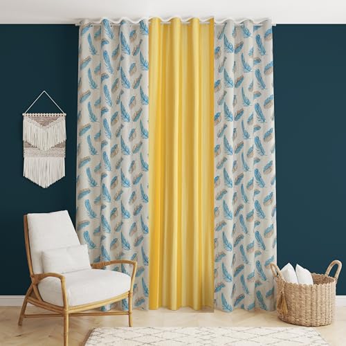 Image of DEVSANG Polyester 2 Print and 1 Solid Curtains 8 feet Long Set of 3 - Yellow & Aqua