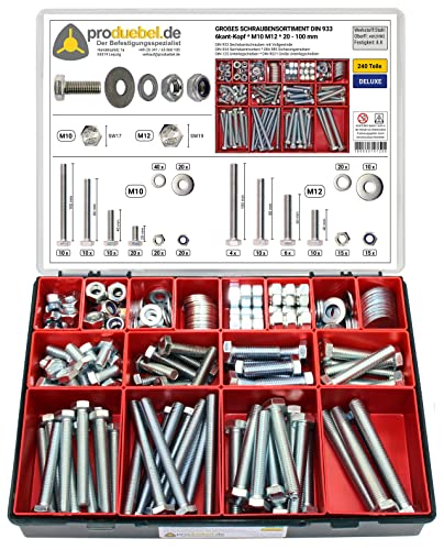 Großes Schrauben-Sortiment DIN 933 M10/M12 Stahl verzinkt (DIN933+934+985+125+9021) 240-tlg (Deluxe-Box)