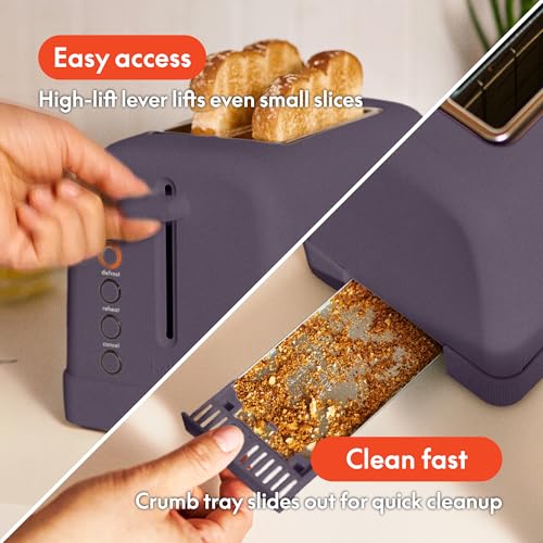 Image of bella 2 Slice Toaster, 6 Setting Shade Control w Reheat, Cancel, Bagel & Defrost Buttons, Removable Crumb Tray, Anti Jam & Auto Shutoff, Auto Centering Guides & Cord Wrap, 900 Watt, Plum