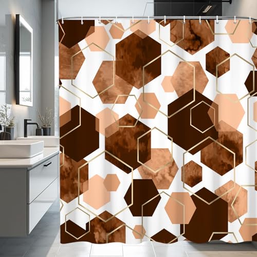 deFouliao Brown Shower Curtain Modern Abstract Geometric Grid Bathroom Curtain Sets for Bathtub Home Art Decor, Waterproof Fabric Washable with Hooks, 72x72 Inch