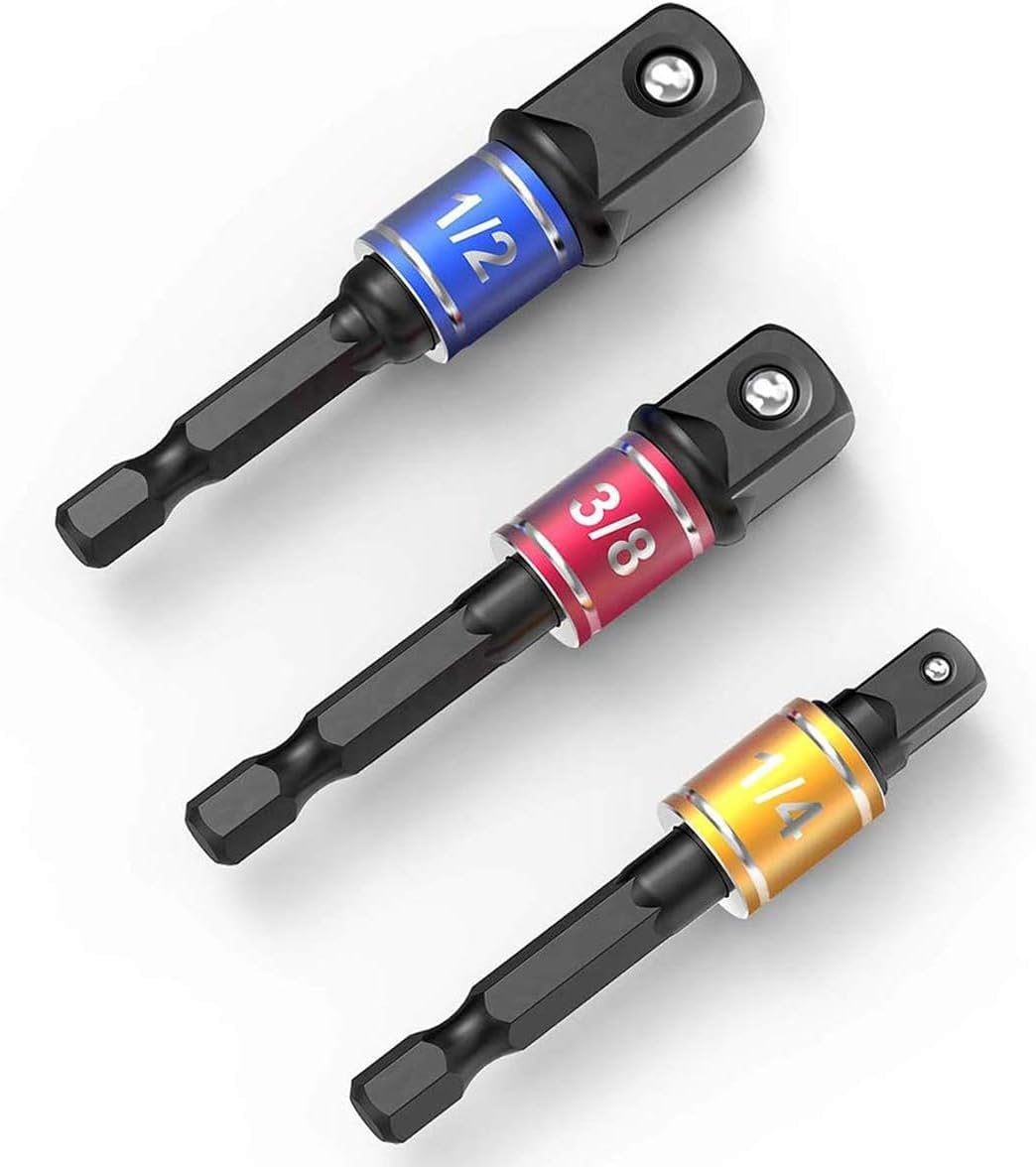 3 PCS Impact Grade Socket Adapter/Extension Set -1/4", 3/8", 1/2", 1/4 Inch Hex Shank to Drive for Adapters to Use with Drill Chucks and High Torque Impact Wrench