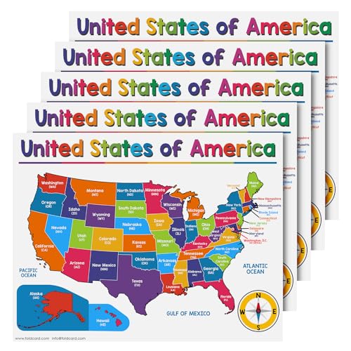 FoldCard - United States of America Map Educational Posters for Kids – Classroom and Homeschool Learning Chart and Wall Decorations, Preschool to Gradeschool | Durable Glossy Cardstock | 8.5" x 11" | 5 per Pack