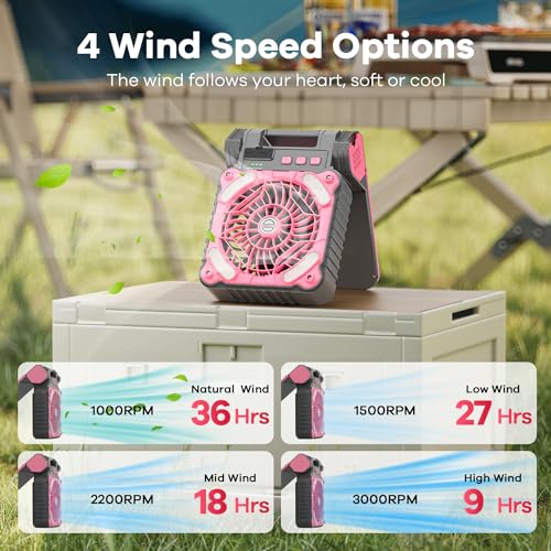 Solar-Powered-Fan-for-Camping-10400mAh-Rechargeable-Battery-Operated-Portable-Fan-with-LED-Lantern-4-Speeds-Powerful-Wind-and-3-Timer-Table-Fan-for-PicnicTravelBarbeque-Bedroom