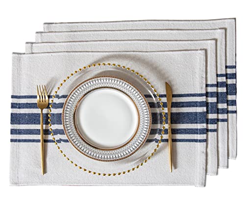 Placemats Set of 4 for Dining Table, Woven Cloth Place Mats for Kitchen Tabletop Décor, Handcrafted Machine Washable Cotton Table mats 13 x 19 Inch, Navy Blue and Beige