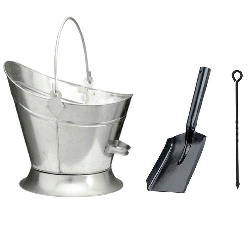 Srendi Glavnised Waterloo Bucket + Shovel&Poker Heavy Duty Metal Fireside Waterloo Bucket Fireplace Hod Scuttle Coal Fuel Ash Wood Log Storage Option With Shovel And Poker (Glavnised Waterloo Bucket + Shovel&Poker)