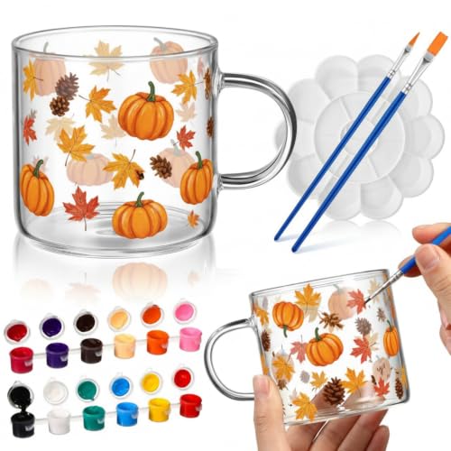 Soulchen 7 Pcs Fall Paint Your Own Mug Kit, Clear Glass Cup DIY Craft Set