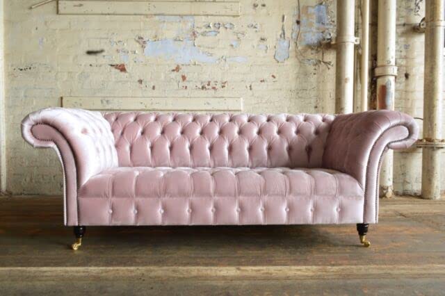 UNIQUE ART Modern Handmade 3 Seater Plush Dusty Pink Velvet Chesterfield Sofa, Fabric SETTE