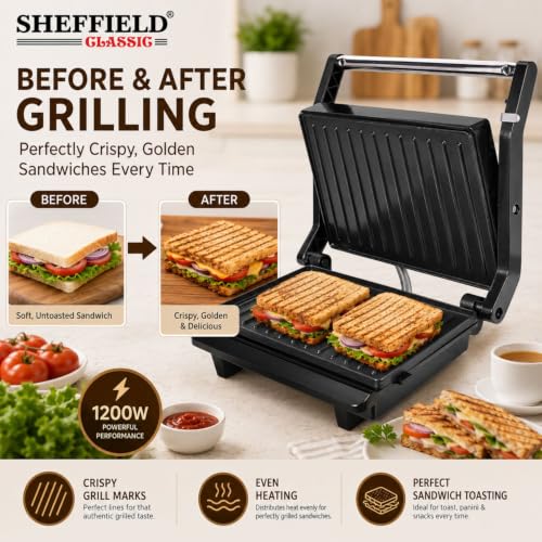 Image of SHEFFIELD CLASSIC 1200W Sandwich Griller & Toaster | 180 Open Flat Contact Grill with Fixed Non-Stick Plates, Adjustable Height Control & Automatic LED Indicators (White)