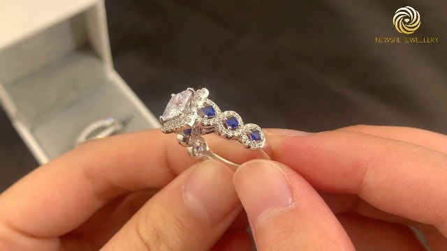 Newshe Gemstone Statement Ring 3ct Cushion Created Blue Sapphire White Topaz Cz