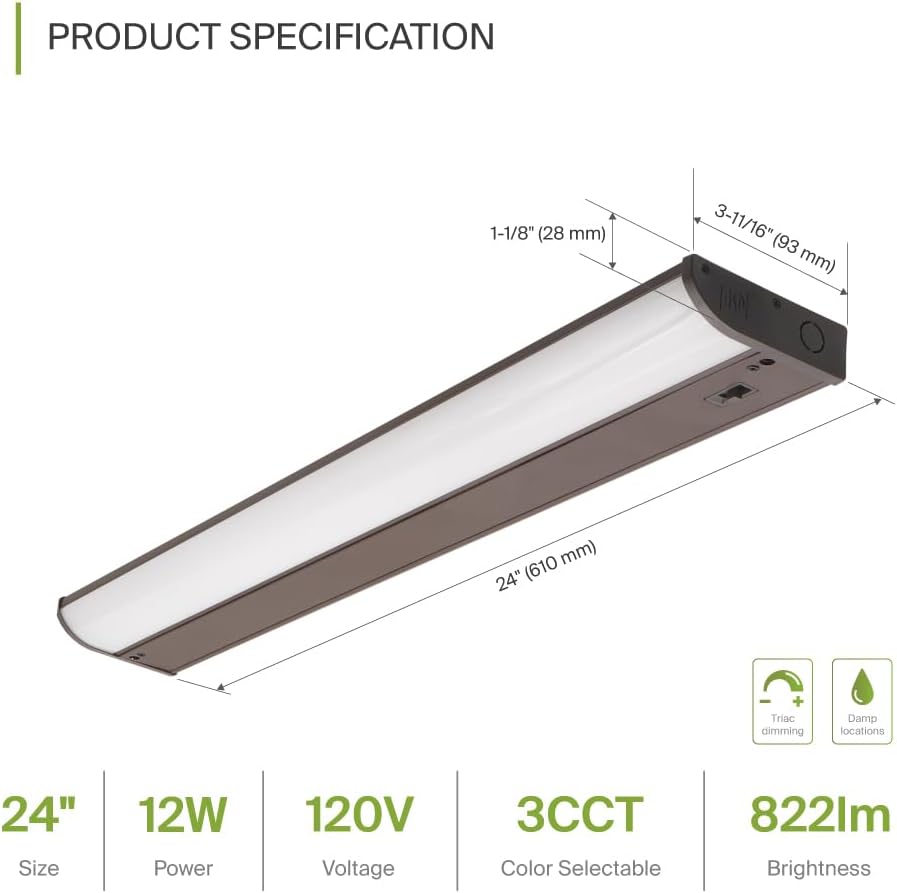 ASD LED Under Cabinet Lighting Bronze, 24 inch 12W 822 LM, Dimmable Hardwired Under Cabinet Lights for Kitchen, 3000K/4000K/5000K, Under Counter Light Fixtures, ETL Energy Star (No On/Off Switch)
