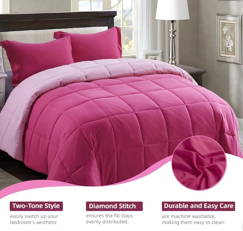 Miniatura 6 de HUAJIE Juego de edredón acolchado reversible alternativo de 3 piezas para todas las estaciones (individual e individual XL, rosa rosa claro)