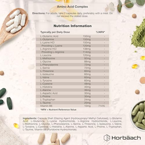 Amino Acid Supplement | Essential Complex | All BCAA & EAA Including Lysine & Arginine | Full Spectrum | 120 Vegan Powder Capsules | Free Form | by Horbaach - Image 2
