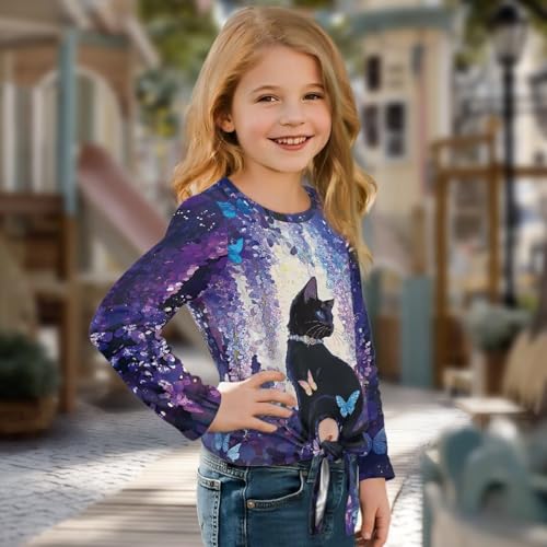 Xoenoiee Girls Long Sleeve Shirts Cute Kids Fashion Crew Neck Tunic Tops Tie-Hem Tees Size 5-123