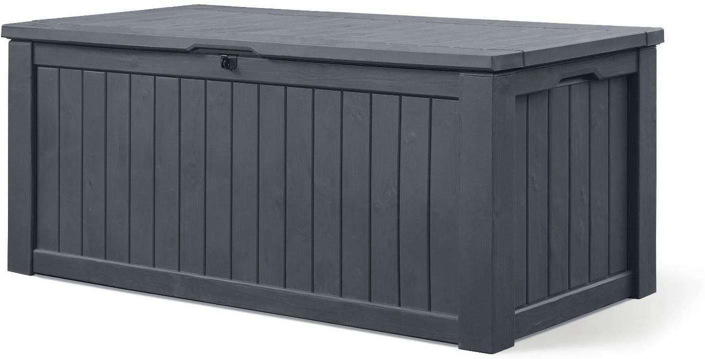 Koll Living Auflagenbox/Kissenbox 570 Liter l 100% Wasserdicht l mit Belüftung dadurch kein übler Geruch/Schimmel l Moderne Holzoptik l Deckel belastbar bis 250 KG (2 Personen) (Anthrazit)