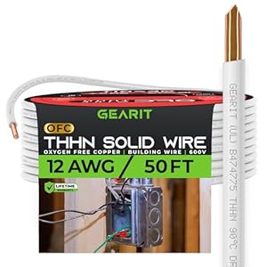 GearIT Solid THHN Wire (12 Gauge, 50 Feet) 100% OFC Electrical Building Wire, Rated for Up to 600 Volts, Single Conductor, Nylon Jacket, UL Listed/RoHs Compliant - White, 50ft