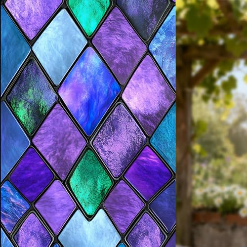Image of Nuxovilar Stained Glass Window Film Purple Teal Diamond Pattern PVC 17.7 x 39.4 Inches Window Clings for Glass Surface Privacy Decor for Entryway Bedroom Sliding Door