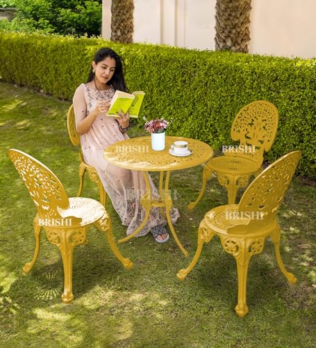 Image of BRISHI Cast Aluminium Garden Patio Seating Chair and Table Set for Balcony Outdoor Furniture with 1 Table and 4 Chair Set (Yellow)