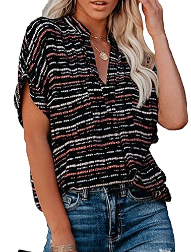 Allimy Women Summer Casual Split V Neckline Floral Chiffon Blouses Loose Tunic Short Sleeve Tops2