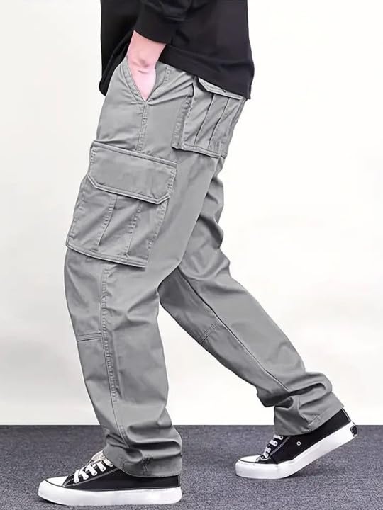 Image of Men's Cotton Cargo Pants for Men | Relaxed Loose Fit Drawstring Waist Cargo Trousers | Multi Pocket Casual Utility Pants for Outdoor, Travel